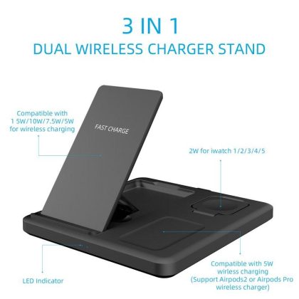 Wholesale 15w Fast Wireless Charger Stand Compatible For Iphone Airpods Watch 3-in-1 Folding Charging Dock Station black  |   Wireless Chargers Cell Phone Accessories Black