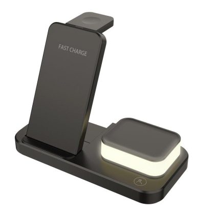 Wholesale 3-in-1 Wireless Charging Station With Led Night Light Foldable Charger Stand Compatible For Iwatch Iphone Airpods black  |   Wireless Chargers Cell Phone Accessories Black