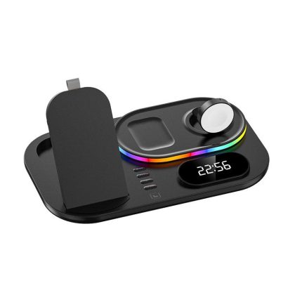 Wholesale 4 In 1 Alarm Clock Wireless  Charger For Airpods Pro Iwatch Rgb Led Fast Charging Station For Iphone Black  |   Mounts & Holders Cell Phone Accessories Black