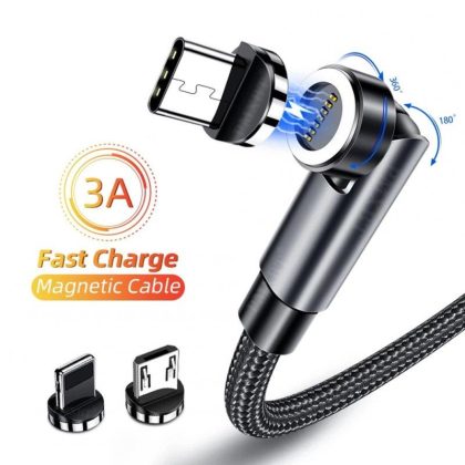 Wholesale 540 Rotate Magnetic Cable USB C Charging Cable Magnetic Charger Micro USB Type C Mobile Phone Cable Compatible For IPhone black three in one  |   Cables Cables Black three in one