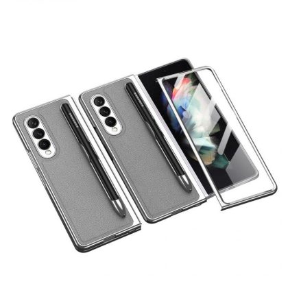 Wholesale Leather Folding Mobile Phone  Case All-inclusive Anti-drop Creative Pen Slot Mobile Phone Cover Compatible For Zfold3/w22 grey  |   Phone cases Cell Phone Accessories Grey