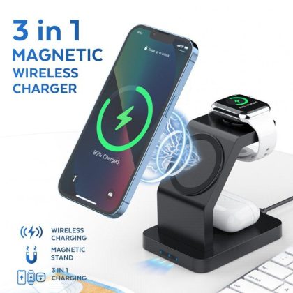 Wholesale Magnetic 3-in-1 Wireless Charger Vertical Stand Compatible For Iwatch Airpods Iphone13 Black  |   Wireless Chargers Cell Phone Accessories Black