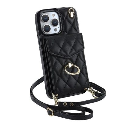 Wholesale Phone Case With Adjustable Ring Holder Lanyard Wallet Bag Phone Case Protective Shockproof Leather Case For IPhone 15 black iPhone15  |   Phone cases Cell Phone Accessories Black + IPhone15