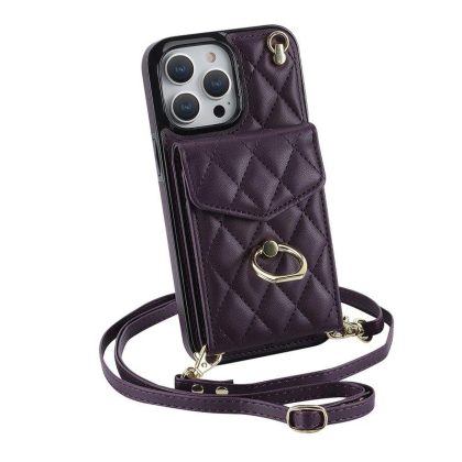 Wholesale Phone Case With Adjustable Ring Holder Lanyard Wallet Bag Phone Case Protective Shockproof Leather Case For IPhone 15 deep purple iPhone15  |   Phone cases Cell Phone Accessories Deep purple + IPhone15