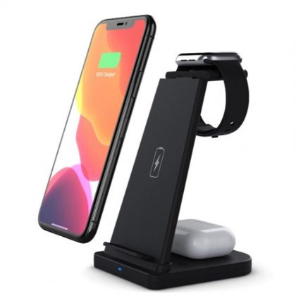 Wholesale 3-in-1 Wireless Charger Stand Pd / Qc3.0 Fast Charge Dock Station Compatible for iPhone iWatch Airpods Black B-12  |   Wireless Chargers Cell Phone Accessories Black + B-12